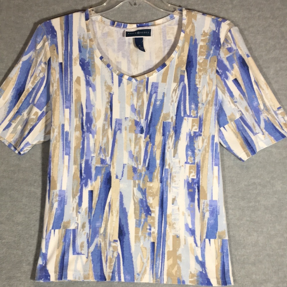 KAREN SCOTT Soft Comfy Cotton Poly Knit with Abstract Design Scoop Neck Jean Top